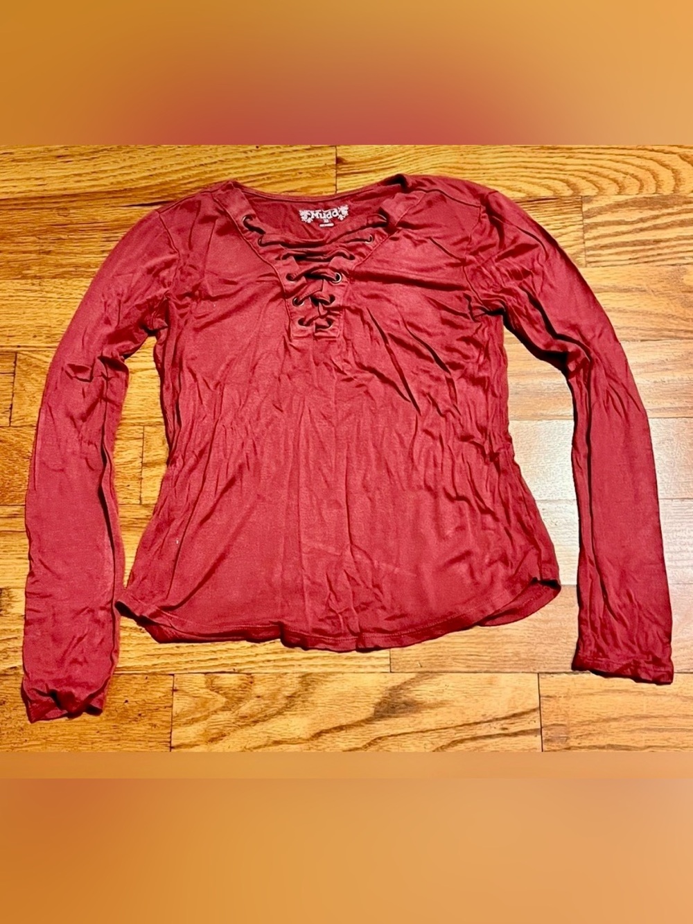 Mudd Lace Up Front Long Sleeve Tee Burgundy Rust Top Junior XS Vintage Y2K